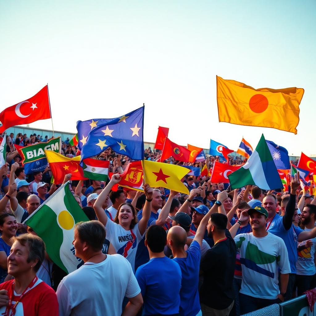 Sports supporters holding flags at a sporting event
