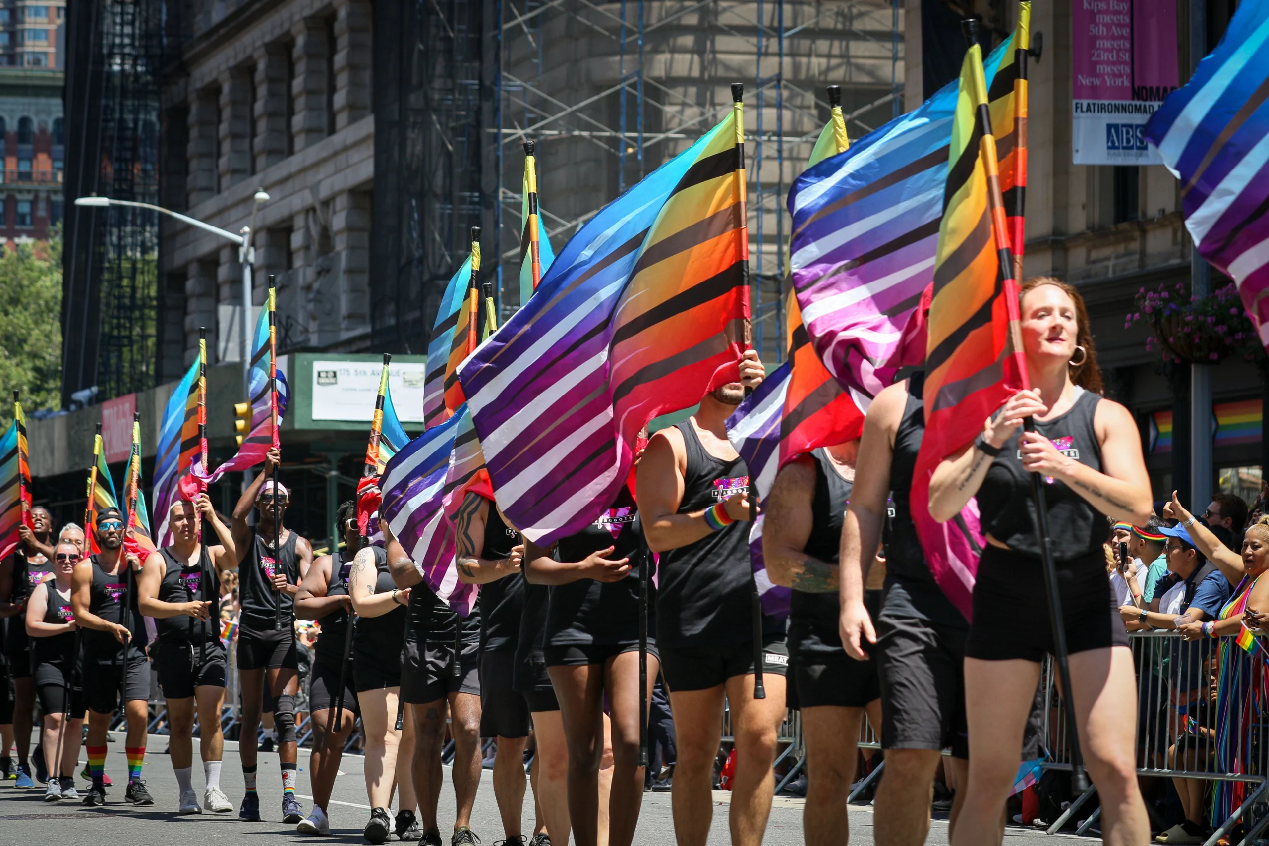Flags displayed along a street during an event