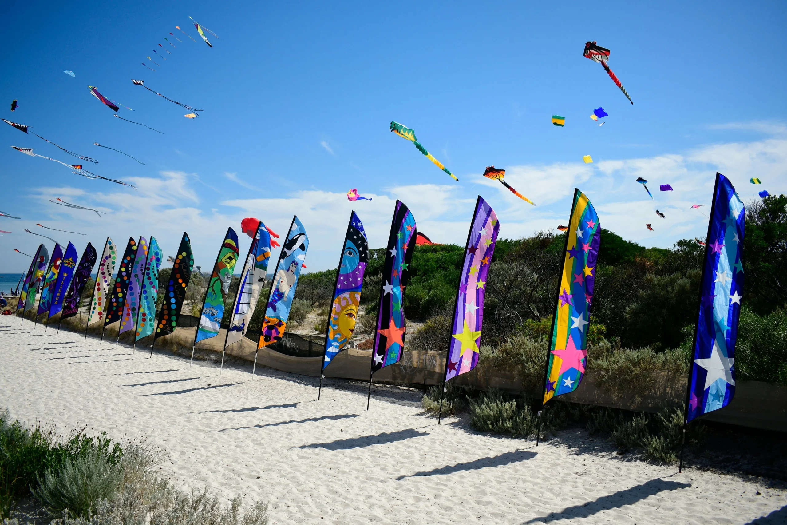 Beach flags displayed in an outdoor event setting